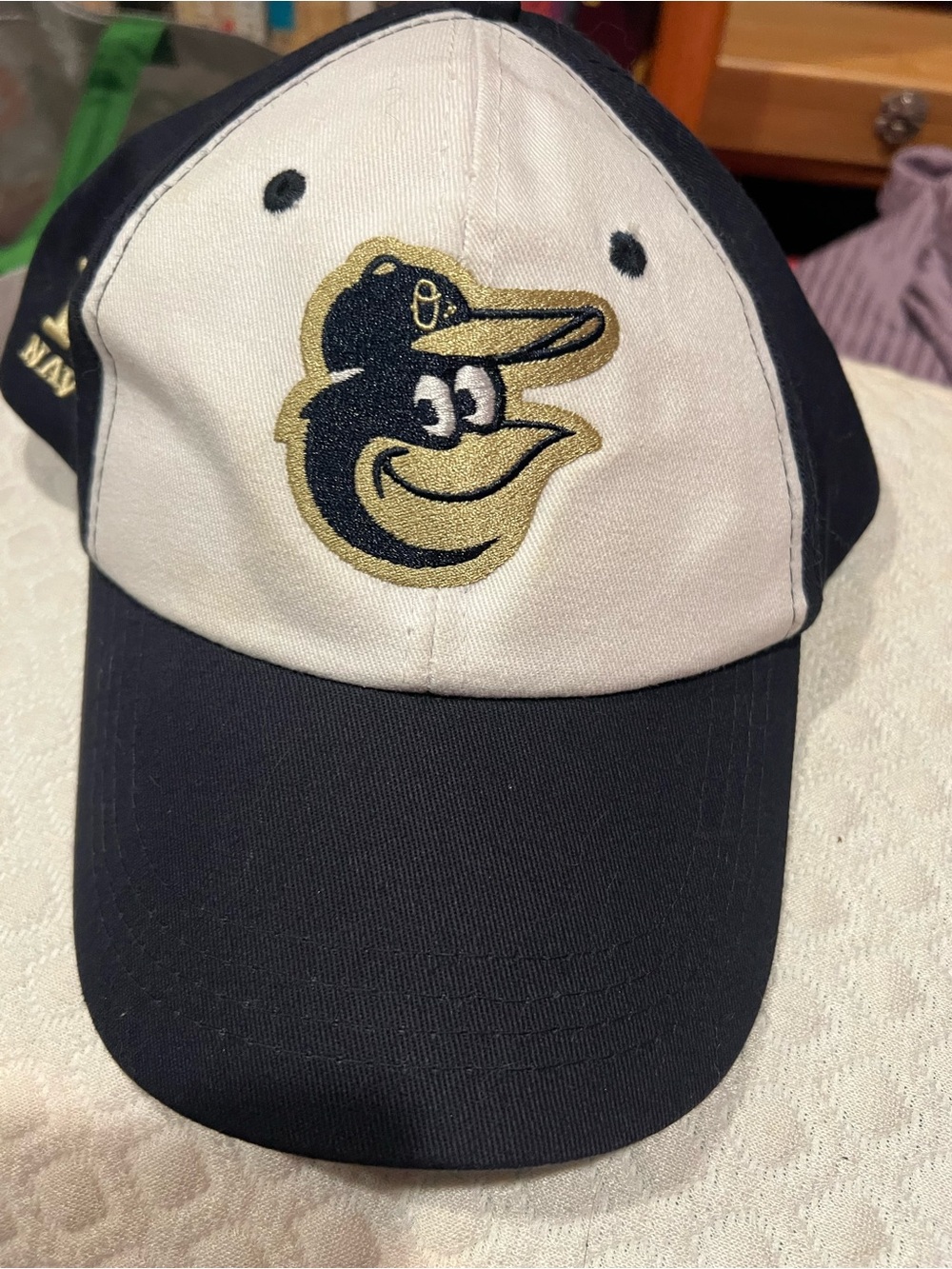 Kids Two-Tone Baseball Cap in White and Navy with Embroidered Mascot